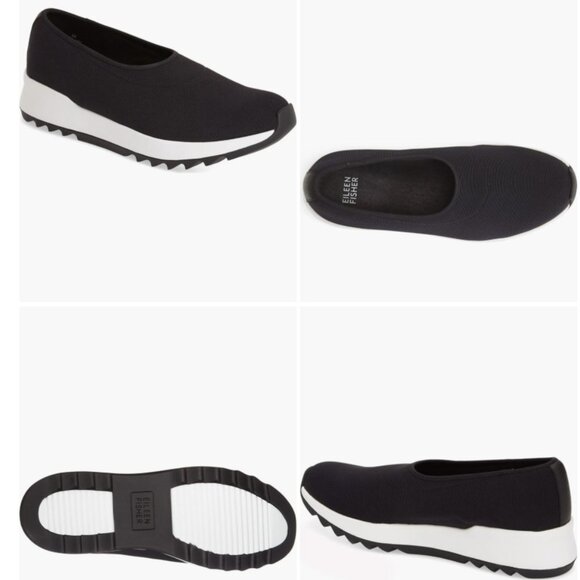 Eileen Fisher Hug Pull On Sneakers Wedge Platform 9.5M Stretch Mesh Black White - Picture 2 of 12